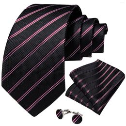 Bow Ties Fashion Red Striped Black Silk For Men 150cm Length Wedding Business Formal Necktie Set Pocket Square Cufflink Gift DiBanGu