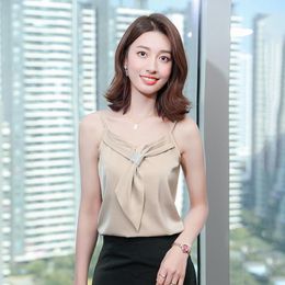 Summer Korean Fashion Satin Lace Women Halter Solid Office Lady Camis Loose Spaghetti Strap Tank Top