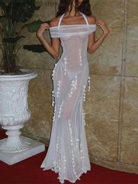 Party Dresses OMSJ 2023 Fairy Sexy Mesh Long Fish Tail Dress Trend Off-shoulder See Through Halter Backless Party Hollow Out Skinny Slit Dress T230602