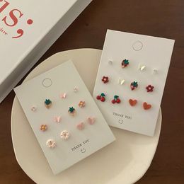 Fashion Cute Red Pink Strawberry Cherry Fruit Earrings Set Korea New Trend Flower Heart Butterfly Small Earrings Jewellery Gifts