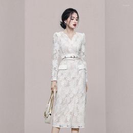 Casual Dresses High Quality Lace Pencil Long Dress Women V Neck Sleeve Waist Solid Minimalist Korean Office Lady F104
