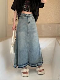 skirt Tigena Ankle Length Maxi Denim Skirt for Women New Fashion Elegant Contrast Tassel A Line High Waist Long Jeans Skirt Female