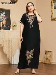 Basic Casual Dresses Ladies Fashion Woman Summer Plus Size Round Neck Short Sleeve Vintage Floral Embroidery Loose Black Dress 230601