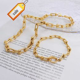 New Fashion 18K Gold Plated Handmade U Shaped Necklace Bracelet Jewellery Set Stainless Steel Waterproof Thick Liked U Shape Chain