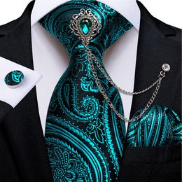 Design Neck Ties Teal Blue Paisley Floral Silk 8Cm Mens Wedding Party Business Necktie Hanky Brooch Cufflinks Set Cravat Dibangu 230601 tie