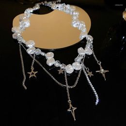 Choker Irregular Pearl Rhinestone Cross Star Pentagram Tassel Necklace For Women Sweet Cool Aesthetic Korean Fashion Jewelry