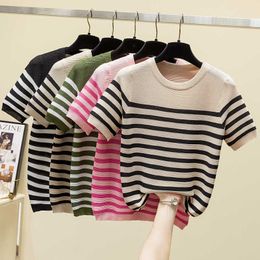 Women's T-Shirt Summer striped knitted girl short sleeved O-neck basic retro women's slim cut T-shirt top XJM372 P230602