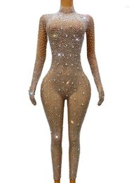 Stage Wear Shining Full Silver Stones Gloves Bodysuit Rhinestones Pants Jumpsuit Birthday Celebrate Leotard Outfit Sexy Costumes Shizuan