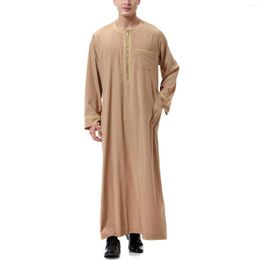 Ethnic Clothing Men Islamic Muslim Kaftan Round Neck Solid Colours Long Sleeve Zipper Jubba Thobe Dubai Abaya Middle East Robe Clothes
