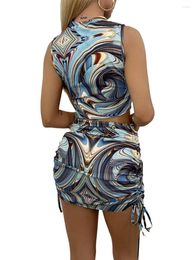 Two Piece Dress Women Y2k Ruffle 2 Skirt Sets 3D Floral Sheer Mesh Crop Top Bodycon Mini Fringed Tassels Summer Set (06 Blue Print