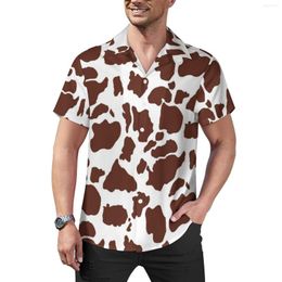 Men's Casual Shirts Brown White Cow Print Loose Shirt Male Beach Animal Hawaiian Printed Short-Sleeve Trending Oversized Blouses