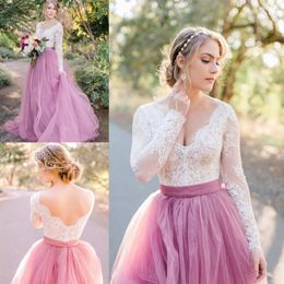 2023 Blush Pink Country Bohemain Wedding Dresses Sheer Lace Long Sleeve Backless Layers Tulle Skirt Summer Garden Beach Bridal Gow2139