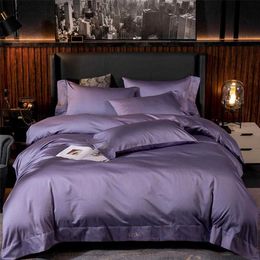 Solid Colour Hotel bedding set King Size Egyptian cotton Silky Soft Bed sheet quilt cover pillowcase Purple Embroidered Bed cover