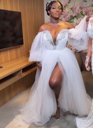 2023 New Wedding Dress Off Shoulder Long Sleeve Side Split Tulle Crystal African Bridal Gowns Vestidos De Noiva robes de mariee