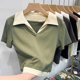 T-Shirt Summer Patch Polo Neck Short Sleeve Link T-shirt Women's Elastic Ultra Thin Cut Top P230602