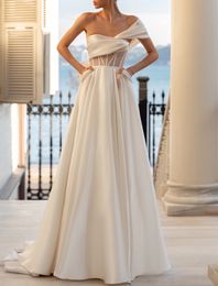 Elegant A-line Wedding Dress 2023 One Shoulder Sheer Satin Long Bridal Party Gowns Bride Dresses Beach Vestido de Noiva