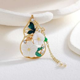 Pins Brooches Women's retro shell pearl women's luxury gold color alloy enamel geometric gourd safety pin G230529