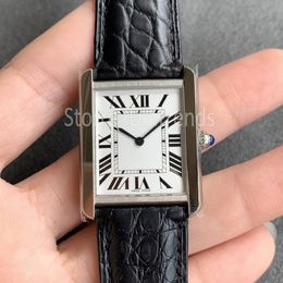Super Top Stylish Quartz Watch Women Silver Dial Sapphire Glass Middle Small Size Black Leather Strap Wristwatch Classic Rectangle Design Ladies Dress Clock 1537