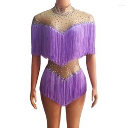 Stage Wear Women Fringe Latin Dance Leotard Purple Pink Tassel Rhinestones Bodysuit Sexy Performance Clothes Nightclub Party Costume