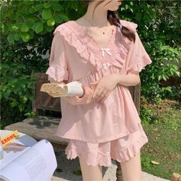 Women's Sleepwear Home Clothes Out Wear Korean Cotton Cute Embroidery Short Sleeve Shorts Pyjama Set Women V-neck Pijamas Ruffles D429