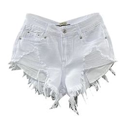 Frauen Shorts Sexy Low Taille White Denim Summer Mode zerrissener Quasten rohe Saum Weite Beine Kurzjeans S71 230601