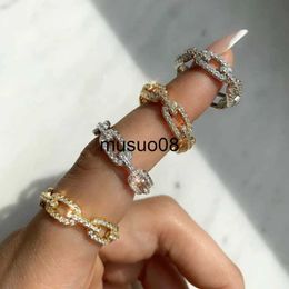 Band Rings Chic Dazzling Cuban Link Chain Rings for Women Ice Out Micro Pave Zirconia Tennis Ring Fashion Accessories Hiphop Rock Jewellery J230602