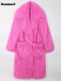 Dress Nerazzurri Winter Long Bright Pink Oversized Shaggy Hairy Soft Fluffy Thick Warm Faux Fur Coat Women Lapel Runway Cute Fashion