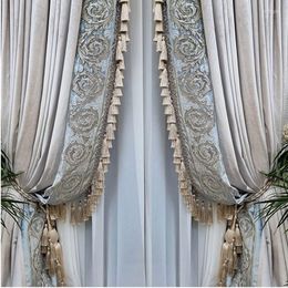 Curtain French Luxury Grey Velvet Lace Stitching Tassel Blackout For Living Room American Retro Villa Bedroom Drapes Custom