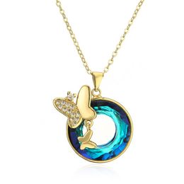 18K Gold Plated Butterfly Elegant Pendant Fashion Fantasy Blue Purple Natural Round Stone Necklace For Women Jewelry Gift