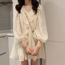 Dresses Long Sleeve Dress Women Solid Elegant Princess Ruffles Vneck Ins Femme Basic Design Mini Popular Spring Chic Hot Sale Ulzzang