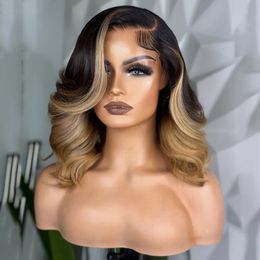 Hair Accessories Ombre Blonde Short Wavy Human Hair Wig For Women Brazilian Lace Front bob Wig Glueless Highlight Synthetic Lace Frontal Wig Preplucked