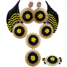 Necklace Earrings Set ACZUV Black Yellow African Beads Jewelry For Women Nigerian Traditional Wedding 10C-4PH010