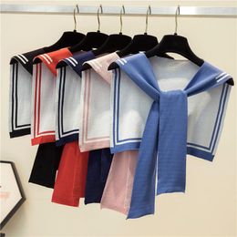 Scarves Korean College Navy Stripe Wool Knit Shoulder Cape Knotted Warm Shawl Summer Air Conditioned Room Protect Neck Woman's Scarf T56