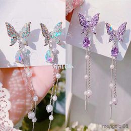 Stud New Fashion Purple Crystal Butterfly Drop Earring for Women Pearl Tassel Chain Rhinestone Jewelry Gift