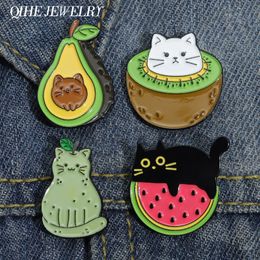 Cartoon Animal Fruit Enamel Pin Badge Watermelon Avocado Kiwi Pear Orange Kitten Cute Brooch Jewellery Accessories Women Hat Gift