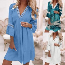 Casual Dresses Sexy Women's Shift Swing Dress White Summer Flare Sleeve Lace Trim Boho Beach Female Vacation Mini Robe Femme