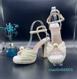 Sacora Women Sandalst Bridal wedding Dress Shoes platform heels Pearls Leather Womens sandal With Box size:35-43