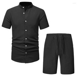 Men's Tracksuits 0Men's Cotton Linen Shirt Short Sleeve 2 Piece Set Summer Henry Shorts Breathable Fashion Beach Wear T-shirt Suits