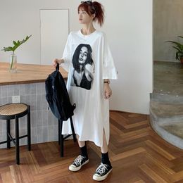 Dresses #4202 Summer Black White Grey T Shirt Dress Printed Midi Dress Female Cotton Harajuku Split Short Sleeve Woman Tshirt Dress