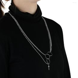 Pendant Necklaces Punk Small Cross For Women Three Circle Geometric Necklace Long Stainless Steel Chains Cool Unisex Jewelry