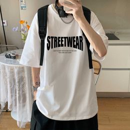 T-shirt Men's Summer Letter Printing Round Neck Loose Bottom Shirt Pure Cotton Drop Shoulder Half Sleeve Fashion Label