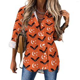 Women's Blouses Halloween Blouse Female Orange Black Bats Basic Loose Autumn Long Sleeve Trendy Shirt Graphic Top Big Size