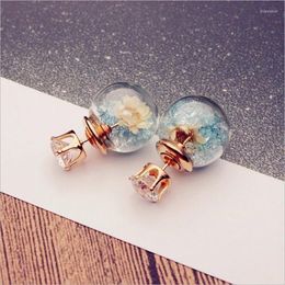 Stud Earrings Korean Style Small Fresh Dried Flower Glass Ball Rhinestone Crystal Fairy Temperament