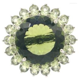 Cluster Rings 30x30mm Eye Catching Round Shape 20x20mm Green Amethyst Bride Wedding Daily Wear Silver