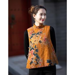 Waistcoats Chinese Women Vest 2022 Winter Print Floral Warm Sleeveless Tank Tops Retro Casual Loose Coat Female YoYiKamomo