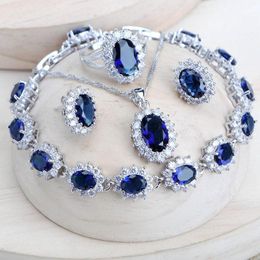 Bracelet Earrings Necklace Silver 925 Women Bridal Blue Zirconia Costume Fine Jewellery Wedding Rings Bracelets Pendant Set