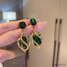 Stud Fashion Emerald Crystal Dangle Earrings for Women Trendy Gold Color Hollow Earring Birthday Gifts Mujer