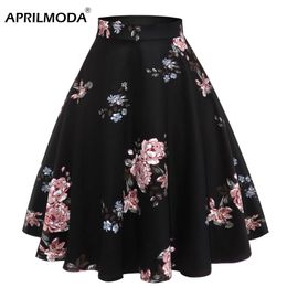 Dresses A Line Midi Floral Retro Skirt High Waist Cotton Vintage Women School Flower Print Elegant Pleated 50s Swing Skater