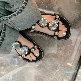 Designer Sandals Rhinestone Flat With 2023 Arrival Gemstone Round Toe One Strap Buckle Slingback Black Women's Elegant Shoes