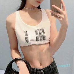 2023-Vest woman outer wear tank tops designer bikini sleeveless short T-shirt beaded embroidery T-shirt sweet wind crop top